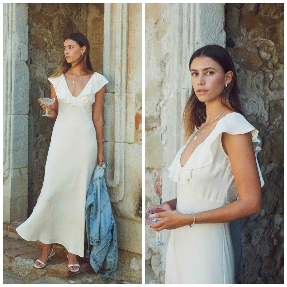 Merritt Charles Florence Ivory Silk Dress Ruffle Lace Trim Romantic Bridal Midi